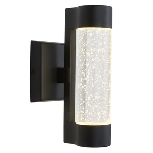 The Artika Bubble Element LED indoor-outdoor light is a modern black wall-mounted fixture featuring a cylindrical clear glass center with bubbles, illuminated from both ends.