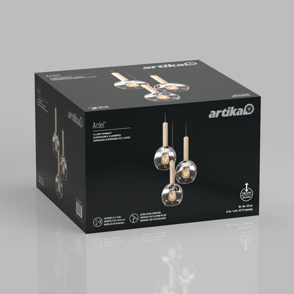 A black box with the Artika Ardel Spiral 3-Light Pendant without Bulbs is shown, featuring images of the modern glass and wood fixture on the packaging, all set against a light gray background.