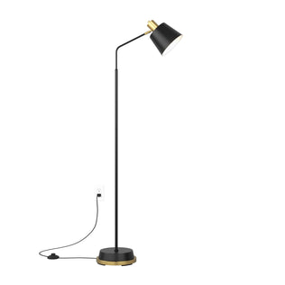 The Artika Alton LED modern floor lamp features a black finish with a gold accent, angled shade, round base, and a visible power cord plugged into a wall outlet, displayed against a white background.