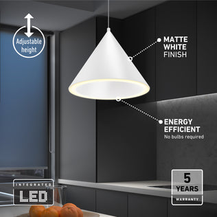 Artika Denali modern LED pendant light 3 CCT with adjustable height, matte finish, 5-year warranty, shown in kitchen scene.