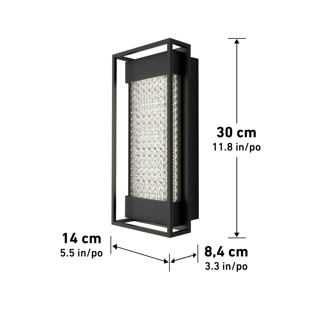 Rectangular wall light fixture with a black metal frame and a textured glass center. Dimensions are 30 cm (11.8 in) tall, 14 cm (5.5 in) wide, and 8.4 cm (3.3 in) deep, shown with labeled arrows.