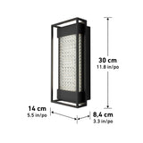 Rectangular wall light fixture with a black metal frame and a textured glass center. Dimensions are 30 cm (11.8 in) tall, 14 cm (5.5 in) wide, and 8.4 cm (3.3 in) deep, shown with labeled arrows.