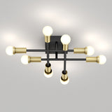 Modern ceiling light fixture with a black base and six LED bulbs arranged in a grid pattern, each bulb set in a gold-colored socket, illuminating a white ceiling.