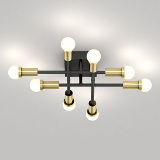 The Artika Aristo LED flush mount 3 CCT features six round bulbs on black and gold rods with adjustable color temperature.