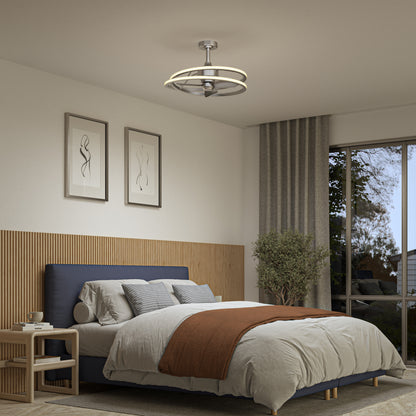 A modern bedroom with a bed featuring gray and white bedding, a rust throw, wooden headboard, minimalist art, bedside table, potted plant, and the Artika Coda 23 in. LED modern ceiling fan with remote as the ceiling light fixture.