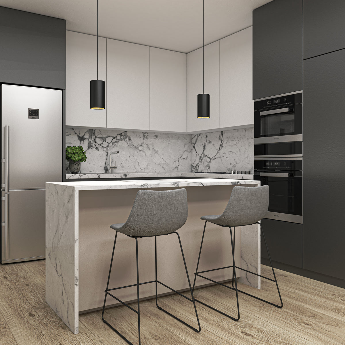 Modern kitchen with a marble island, two gray bar stools, pendant lights, built-in black appliances, a stainless steel fridge, white upper cabinets, and light wood flooring. A small green plant sits on the counter.