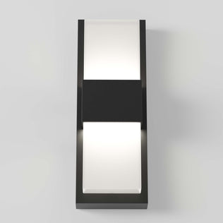 The Artika Mazza Frosted indoor-outdoor LED wall light features a modern rectangular design with two illuminated white panels divided by a black band, shown against a plain light gray background.