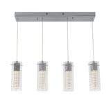 A modern rectangular ceiling light fixture with four hanging pendant lights, each featuring a cylindrical glass shade and visible LED spiral bulbs inside.