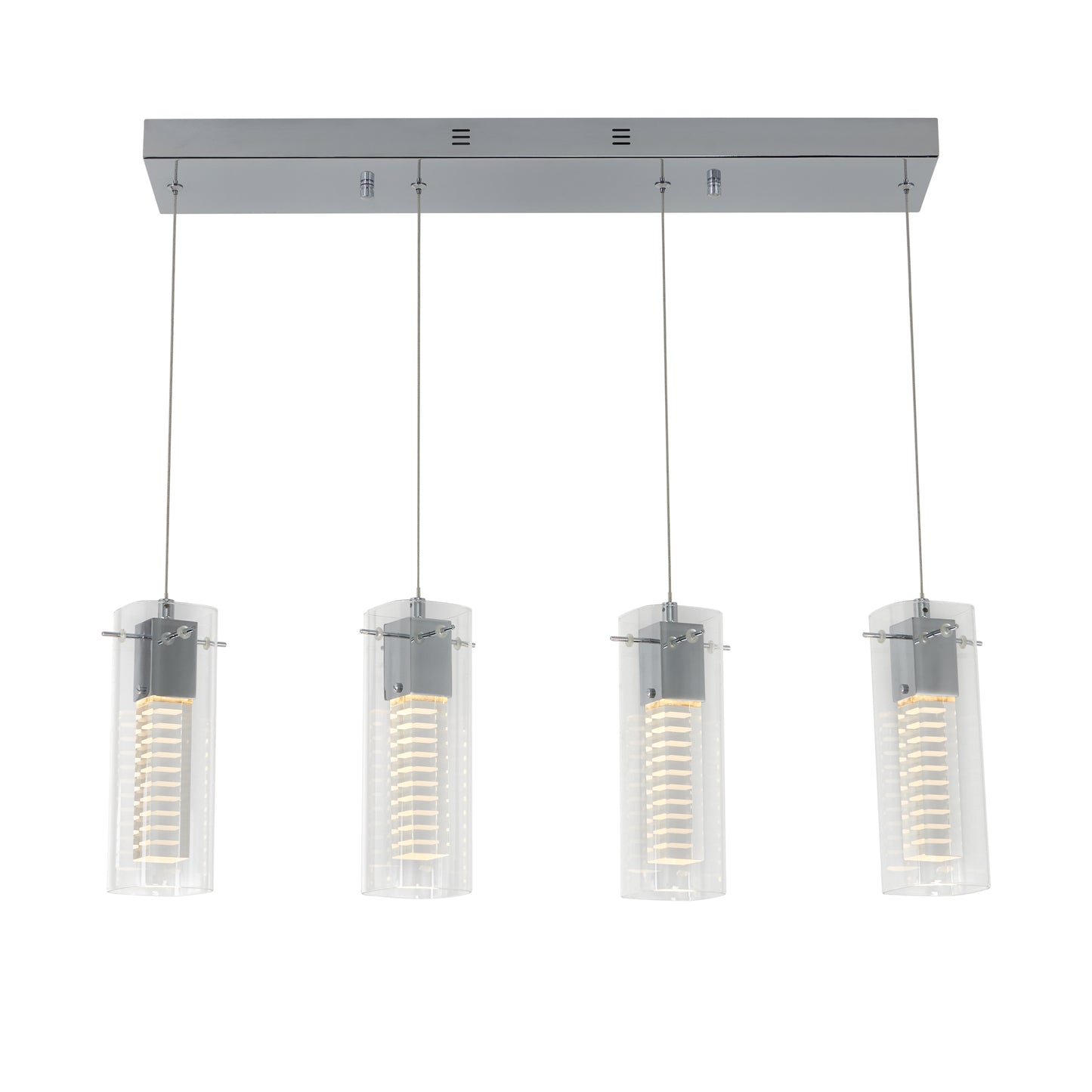 The Artika Hologram 4-light LED pendant is a modern rectangular ceiling fixture with four clear glass-shaded pendants, each showcasing visible spiral LED bulbs and suspended by slim cables from a metallic base.