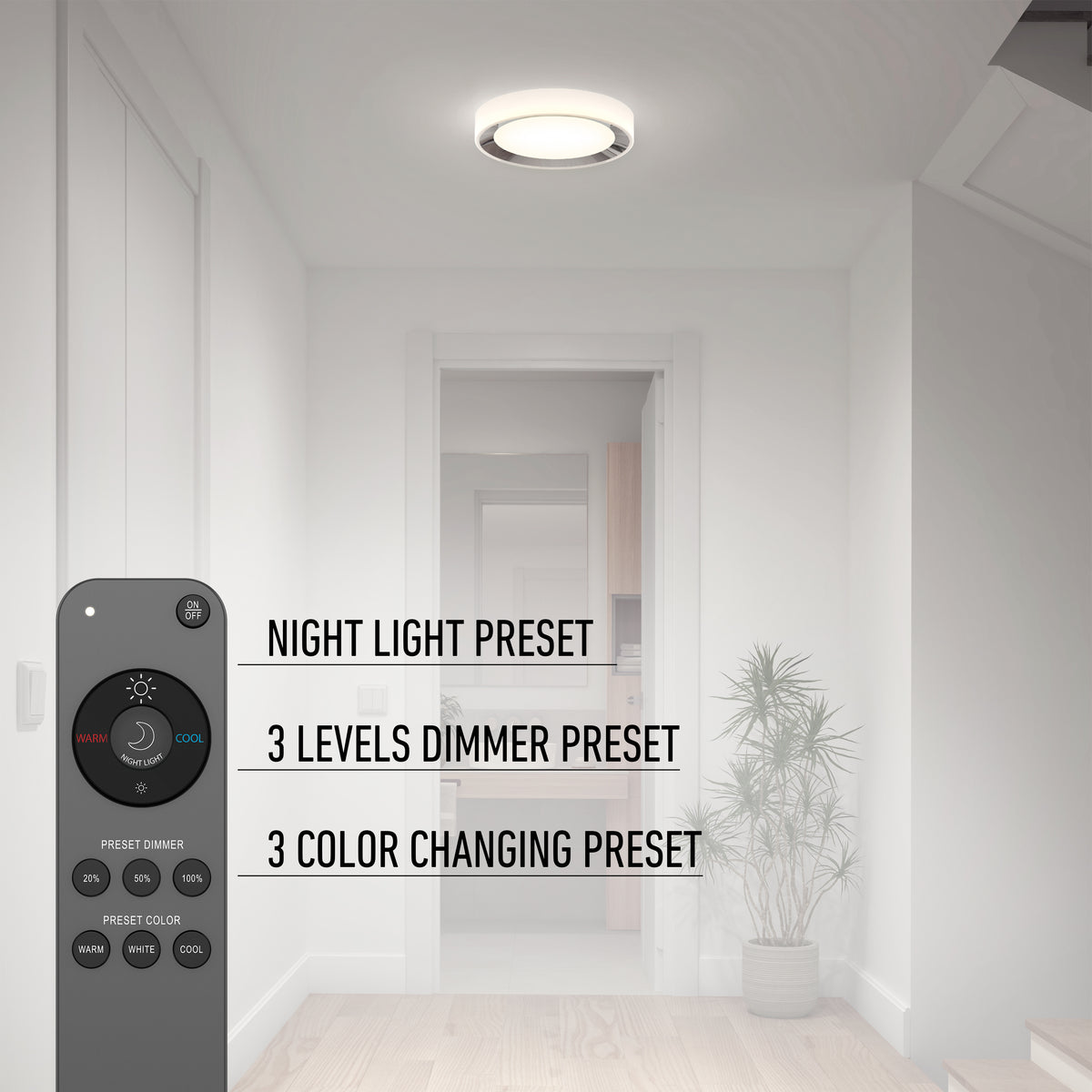 A modern hallway with a ceiling light above a doorway, a potted plant on the floor, and a remote control in the foreground displaying options for night light, dimmer, and color changing presets.