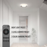 A modern hallway with a ceiling light above a doorway, a potted plant on the floor, and a remote control in the foreground displaying options for night light, dimmer, and color changing presets.