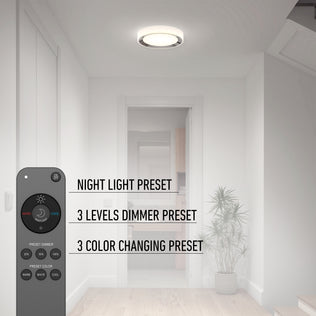 The Artika Cooper LED flush mount light offers remote presets, dimming, color changes, and a nightlight—perfect for hallways.