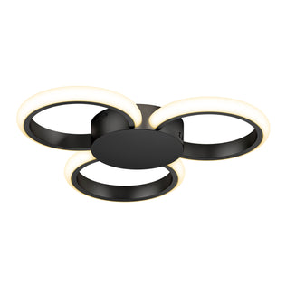The Artika Nyala 15 in. LED flush mount light features three interconnected black rings with integrated edge LEDs, attached to a central circular base, offering modern style and 5CCT color selection.
