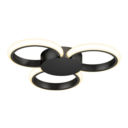 The Artika Nyala 15 in. LED flush mount light features three interconnected black rings with integrated edge LEDs, attached to a central circular base, offering modern style and 5CCT color selection.