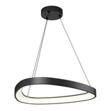 A modern black pendant ceiling light with an asymmetrical oval shape, suspended by three thin cables from a round black ceiling mount. The inner edge of the oval emits a soft, white light.