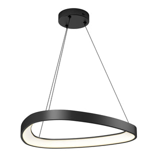 The Artika Bjorn modern LED pendant light 5 CCT features an oval, asymmetrical LED ring suspended by three thin wires from a round ceiling mount in a sleek black finish.
