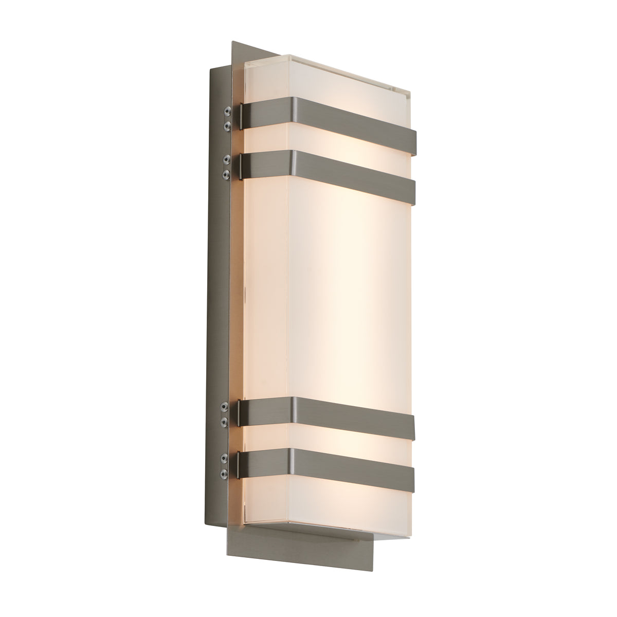 A modern wall sconce with a rectangular frosted glass shade, featuring three horizontal metallic bands and a metallic backplate, illuminated with a soft, warm light.