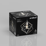 A black Artika box displays a geometric, metallic pendant light fixture called Imperium, with an exposed bulb at its center. The product image and branding appear on multiple sides of the packaging.
