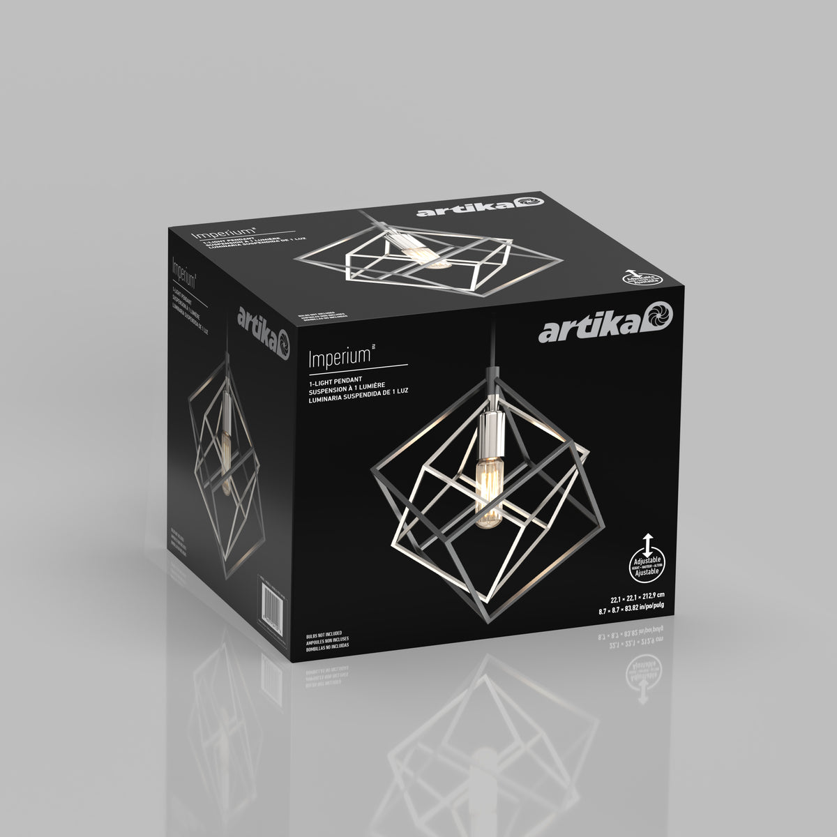 A black Artika box displays the Imperium Single pendant light, a modern geometric fixture with metallic frames and an exposed bulb, shown from multiple angles on the packaging.