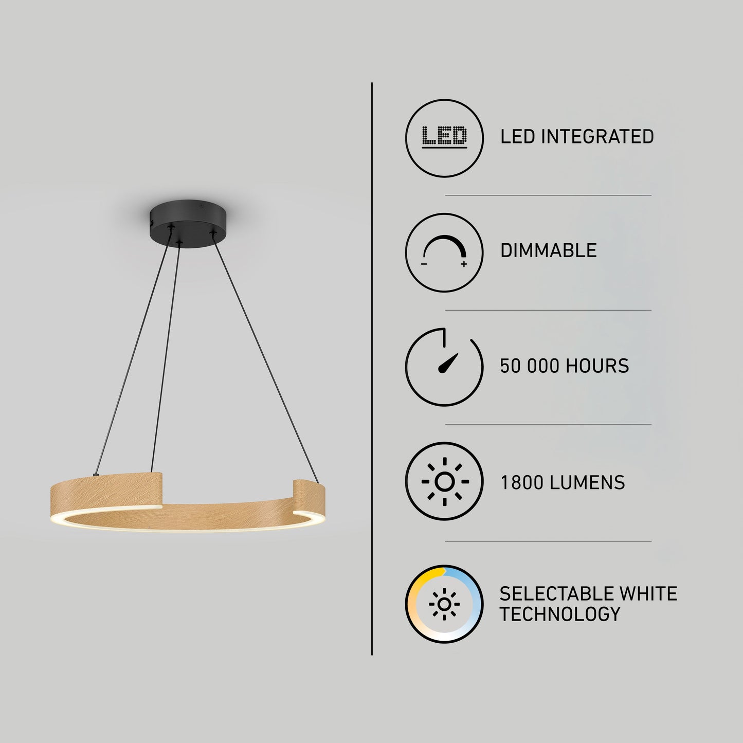 The Artika-CAN-dev Vance modern LED pendant light 3 CCT features a circular wood-finish design, dimmable LED, flexible lighting options, selectable white (3 CCT), 1800 lumens brightness, and a long-lasting 50,000-hour lifespan.
