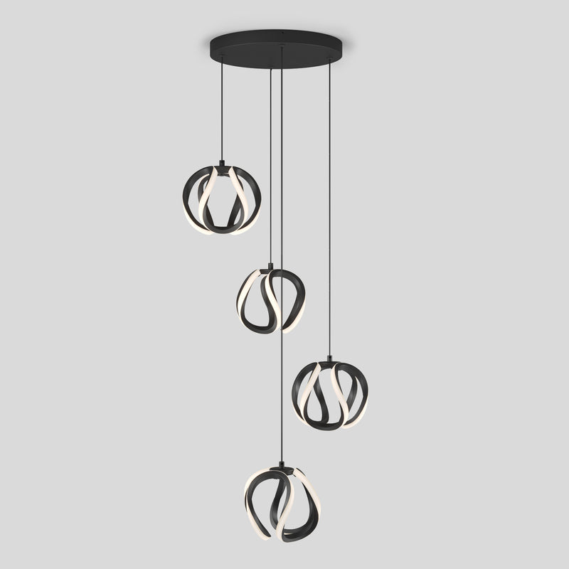 The Artika Vivaldi modern LED 4-light pendant features four circular rings suspended at varying heights from a round black ceiling mount, offering 5 CCT options for customizable lighting.