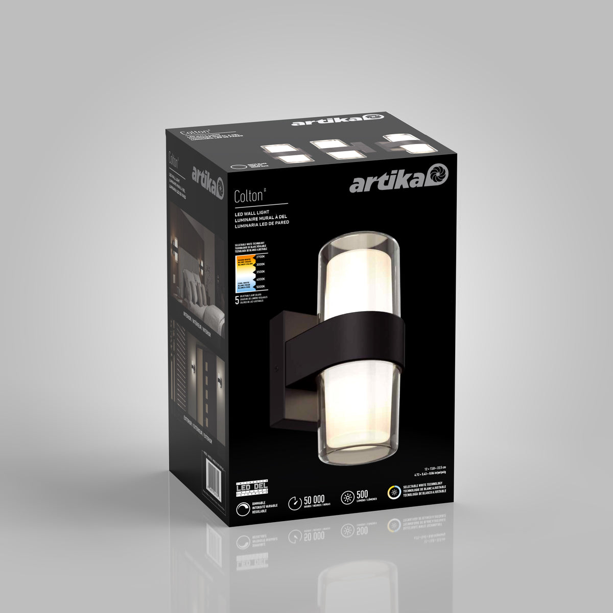 A black box displays an Artika Colton wall light fixture with images of the light installed, product features, and icons showing LED, 30,000 hours, 500 lumens, and 5-year warranty.