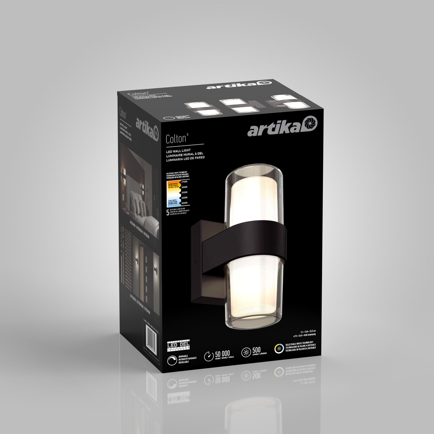 A black box showcases the Artika Colton modern LED indoor-outdoor wall light 5 CCT, featuring images of the fixture and product details like energy efficiency, lifespan, and brightness on a gray background.