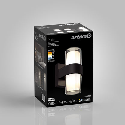 A black box showcases the Artika Colton modern LED indoor-outdoor wall light 5 CCT, featuring images of the fixture and product details like energy efficiency, lifespan, and brightness on a gray background.