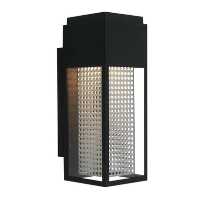 The Artika Meteor LED indoor-outdoor wall light features a modern black rectangular frame, clear glass panels, and an inner perforated metal diffuser.