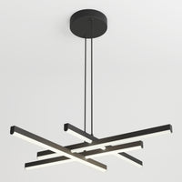 The Artika Grid LED pendant light features four intersecting horizontal LED bars in a modern black design, suspended by two cords from a circular black ceiling mount against a white ceiling background.