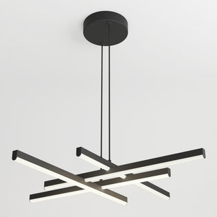 The Artika Grid LED pendant light features four intersecting horizontal LED bars in a modern black design, suspended by two cords from a circular black ceiling mount against a white ceiling background.