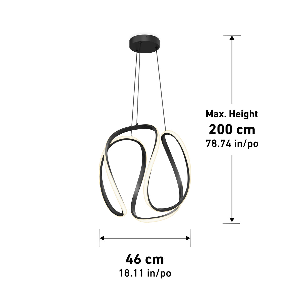 A modern pendant light with a black, abstract looped design hangs from the ceiling. Dimensions are shown: 46 cm (18.11 in) wide and a maximum height of 200 cm (78.74 in).