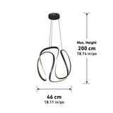 A modern pendant light with a black, abstract looped design hangs from the ceiling. Dimensions are shown: 46 cm (18.11 in) wide and a maximum height of 200 cm (78.74 in).