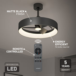 Matte black Austin 23 in. (59 cm) LED modern fandelier ceiling fan with an integrated LED light and remote control.