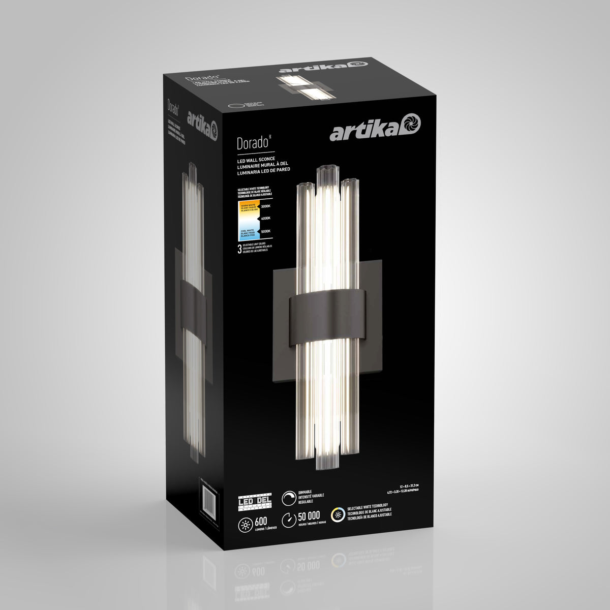 A black box for the Artika Dorado contemporary LED wall sconce 3 CCT, displaying the luxury fixture image, brightness and adjustable colour temperature icons, plus product details in English, French, and Spanish.
