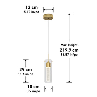 The Artika Essence LED pendant light features a gold ceiling mount, clear cylindrical shade, visible cable, 13 cm wide ceiling plate, 29 cm tall lamp, 10 cm wide shade, and max hanging height of 219.9 cm.