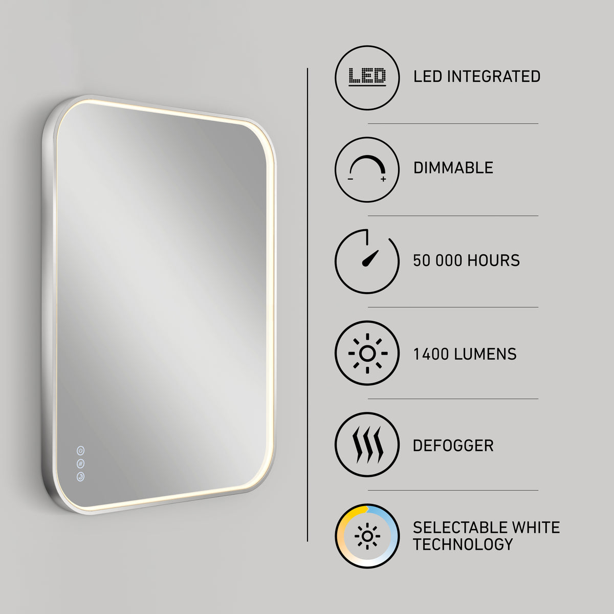 The Artika Royce Dimmable LED Mirror, with 3 CCT, 1400 lumens, defogger, dimming option, and 50,000-hour lifespan, is shown mounted horizontally on a gray wall. Icons display its features and flexible mounting options.