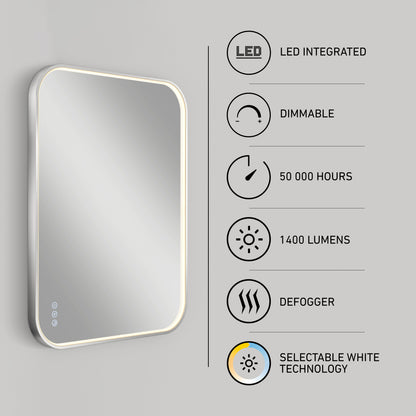 The Artika Royce dimmable LED mirror 3 CCT, with rounded edges and mounted on a gray wall, features integrated LEDs, 1400 lumens, a 50,000-hour lifespan, defogger, selectable white technology, and dimmability.