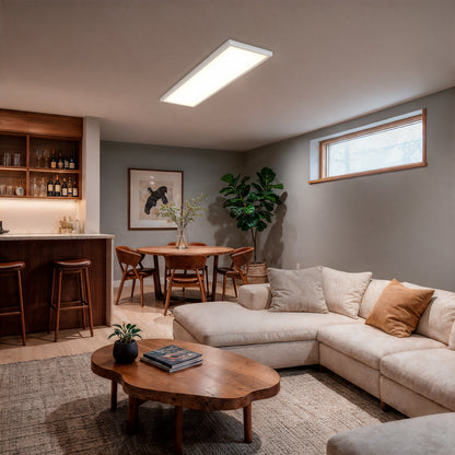 Rectangular white Skyshade 48 in. x 12 in. (121 x 30 cm) Modern Ceiling Light RGB mounted to the living room ceiling.