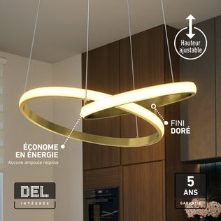 Artika Mora 28″ LED Pendant features 5CCT, gold finish, dimming, energy savings, and adjustable height with intertwined rings.