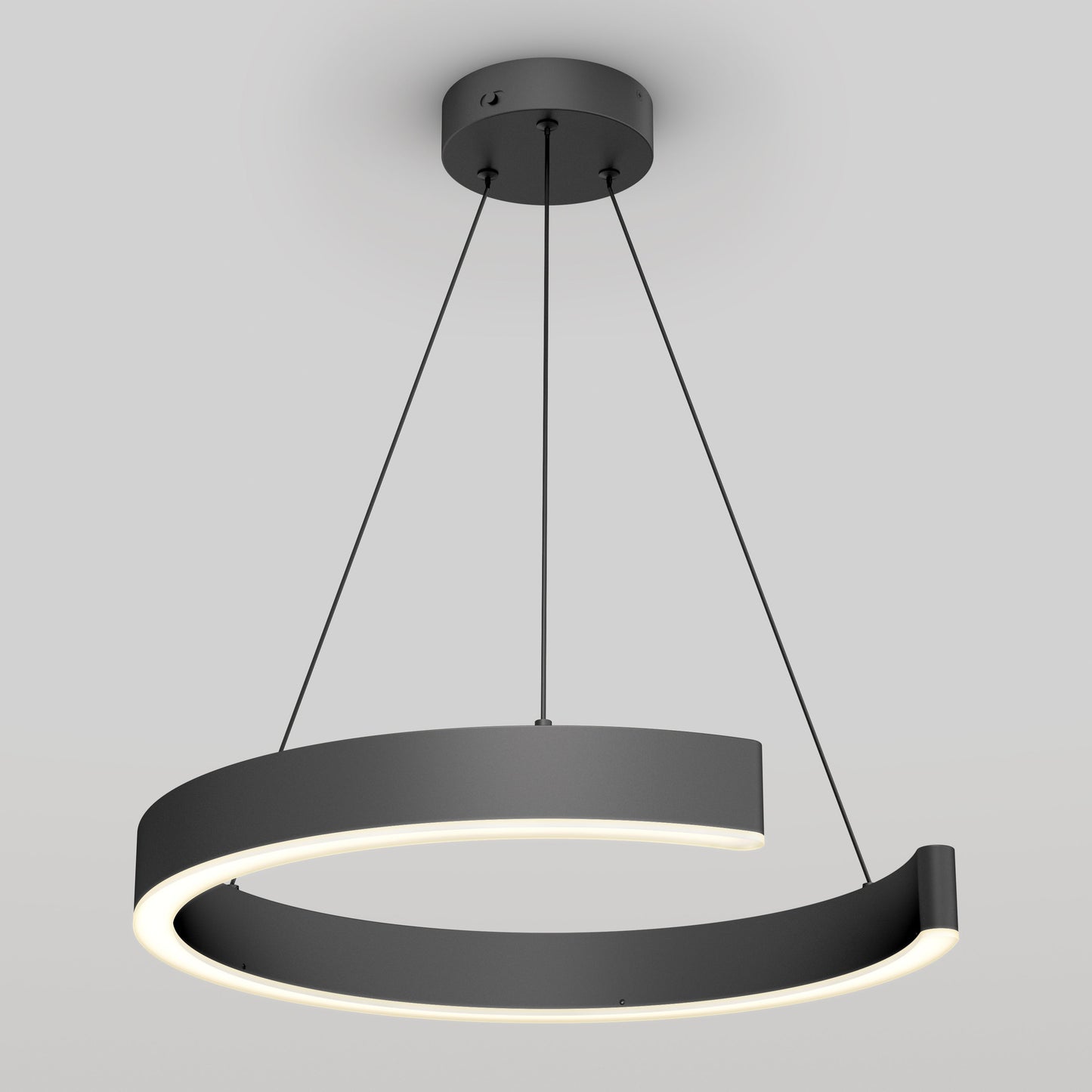 The Vance modern LED pendant light 3 CCT by Artika-CAN-dev features a matte black, circular design suspended by three cables. Its partially open ring emits a soft, dimmable 600-lumen glow against a plain light gray background.