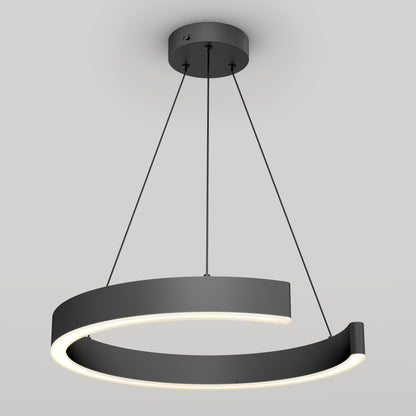 The Vance modern LED pendant light 3 CCT by Artika-CAN-dev features a matte black, circular design suspended by three cables. Its partially open ring emits a soft, dimmable 600-lumen glow against a plain light gray background.