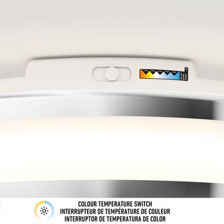 Close-up of the Artika Hemisphere 15 in. LED flush mount light 5 CCT with a color temperature switch and adjustable brightness. A label above shows a range from warm yellow to cool blue. Below: Colour Temperature Switch in three languages.