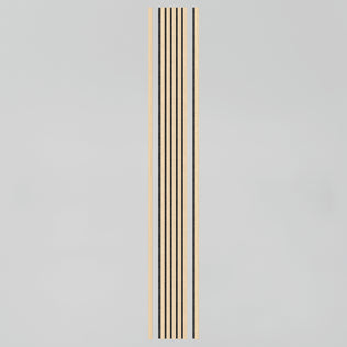 The Artika Sonolok sound-absorbing wall panel kit features vertically arranged, symmetrically patterned narrow black and light wood stripes on a plain light gray background.