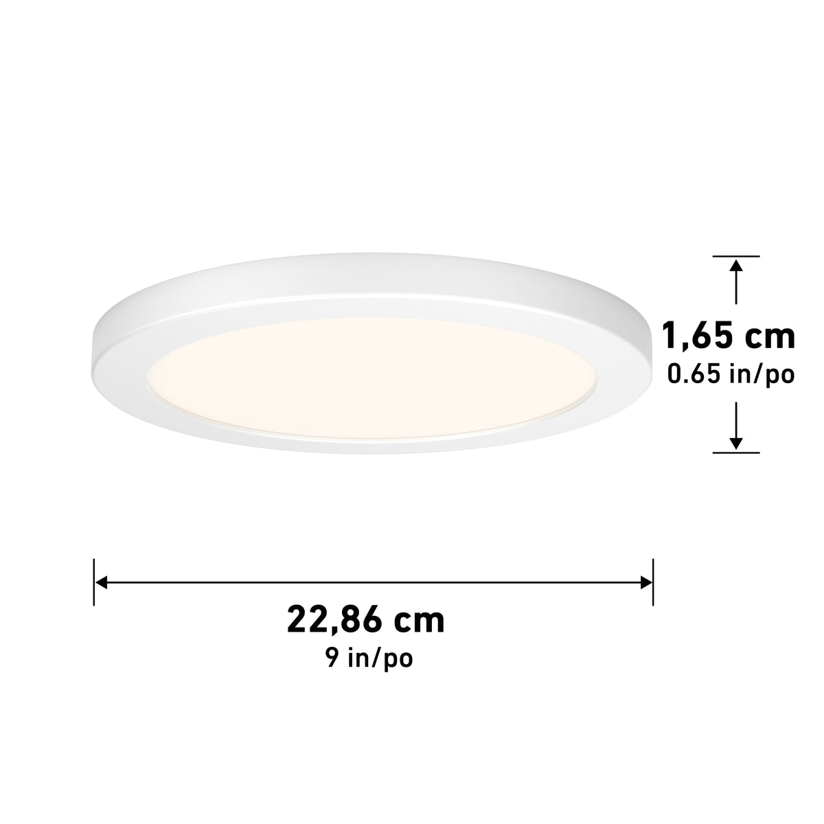 A white, round LED ceiling light fixture with dimensions labeled: 22.86 cm (9 inches) in diameter and 1.65 cm (0.65 inches) in height.