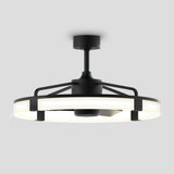 Modern black ceiling fan with an integrated circular LED light, featuring a minimalist design and short downrod, mounted against a plain light gray background.