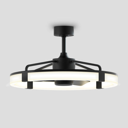 Modern black ceiling fan with an integrated circular LED light, featuring a minimalist design and short downrod, mounted against a plain light gray background.