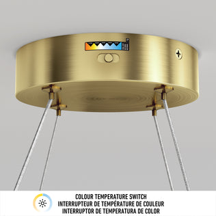 Close-up of Artika Mora 28″ LED Pendant, featuring 5CCT switch, indicator, and multilingual label for easy lighting adjustment.