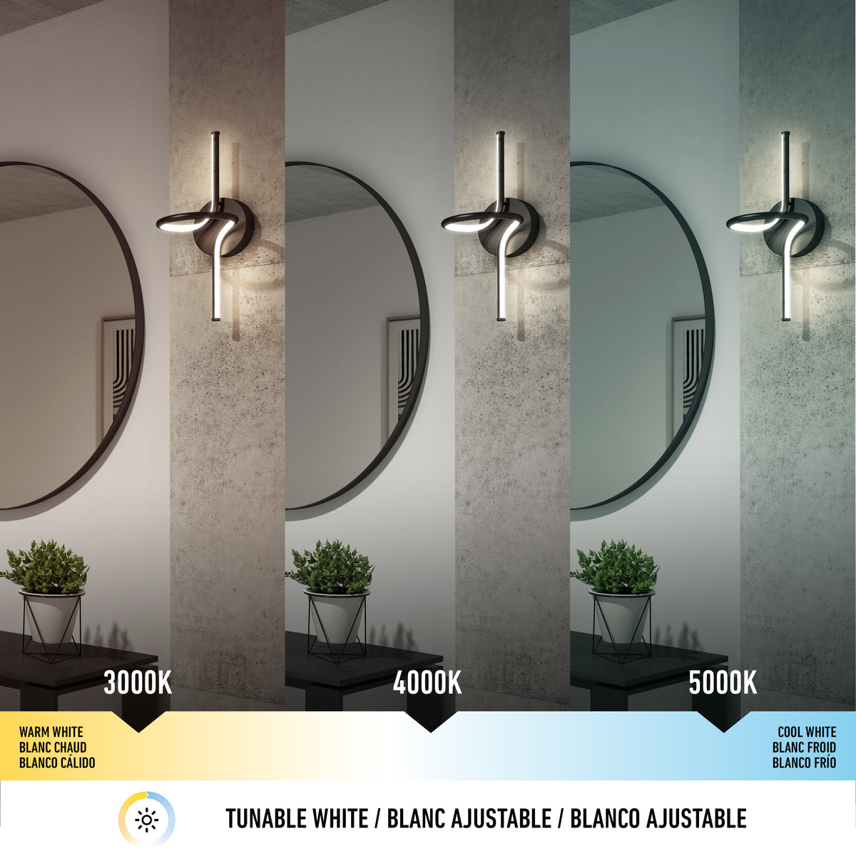 The Artika Swirl LED Sconce is displayed above a small plant and round mirror, shown in three color temperatures: warm white (3000K), neutral white (4000K), and cool white (5000K).