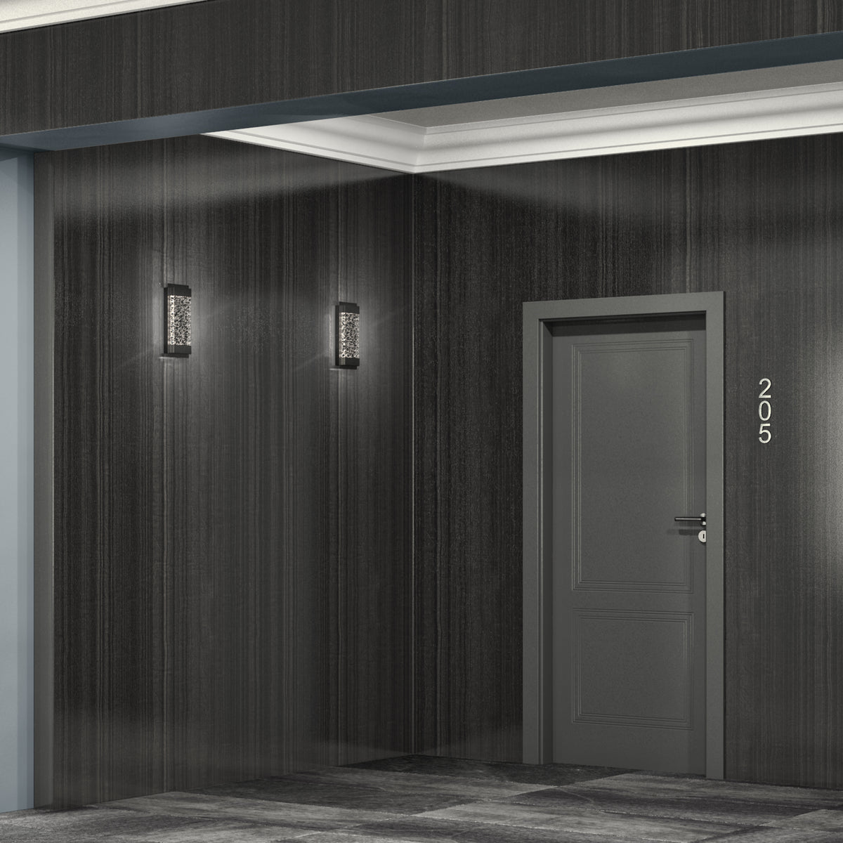 A gray door labeled 205 is set in a dark, wood-paneled hallway with two modern wall lights above. The scene appears to be the entrance to an apartment or hotel room.